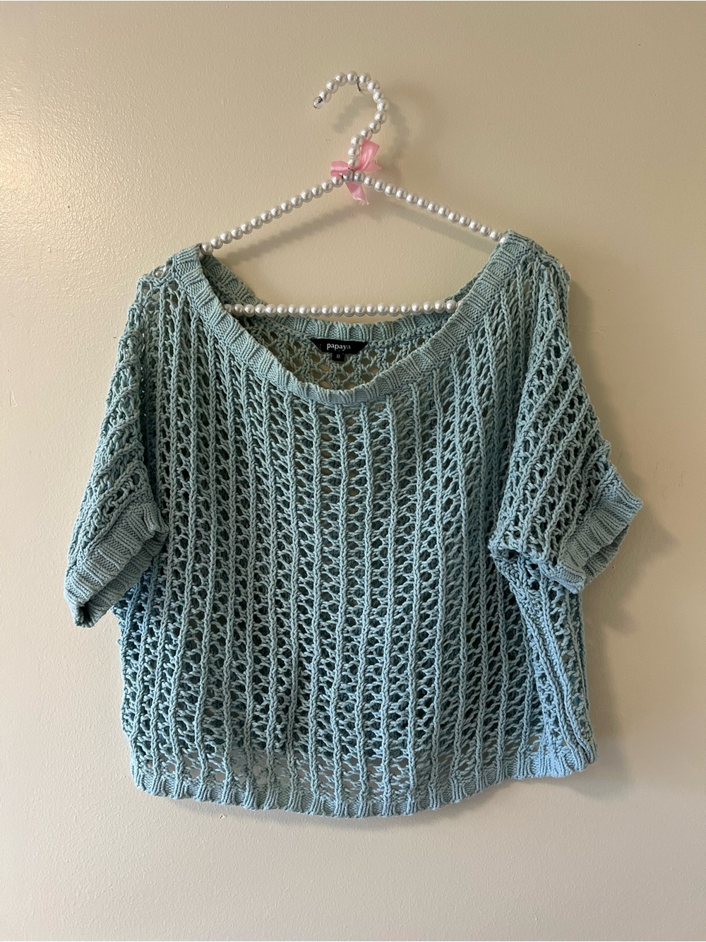 Light Blue Open-Knit Short Sleeve Sweater Top